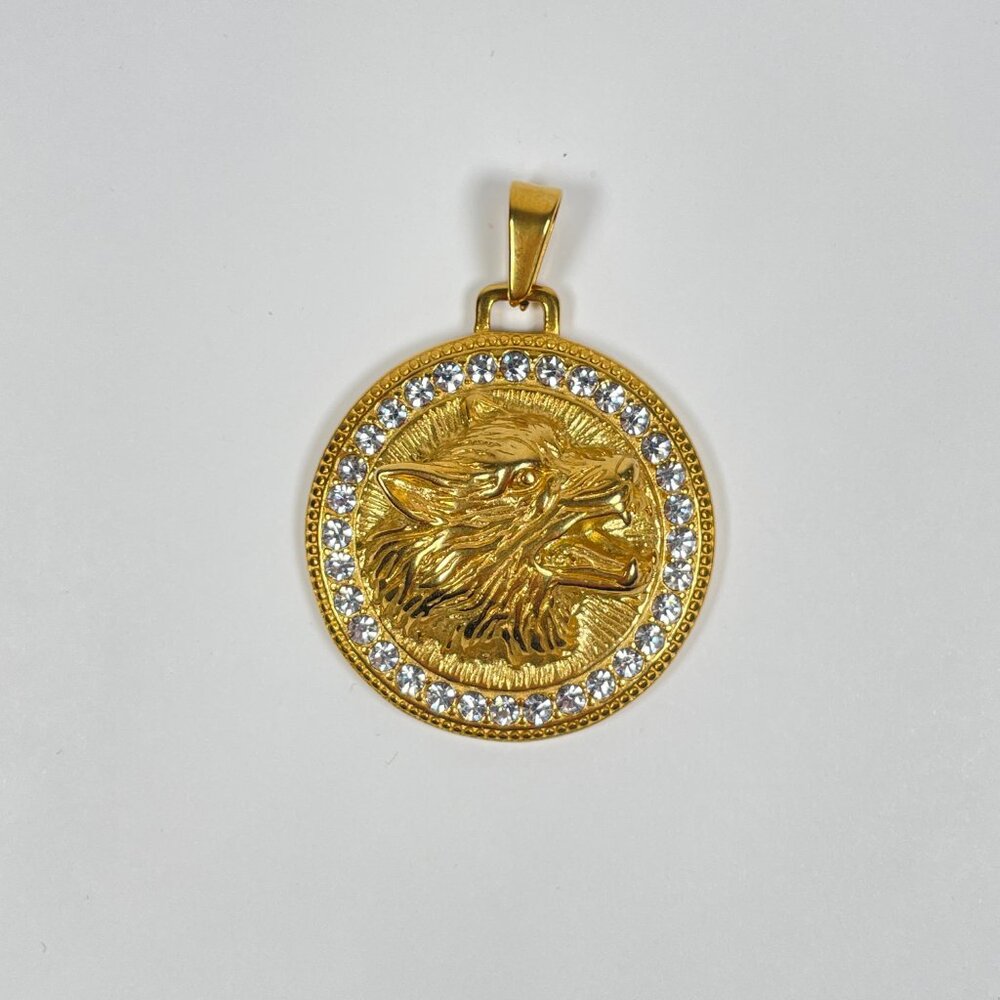 Gold Wolf Head Medallion Pendant